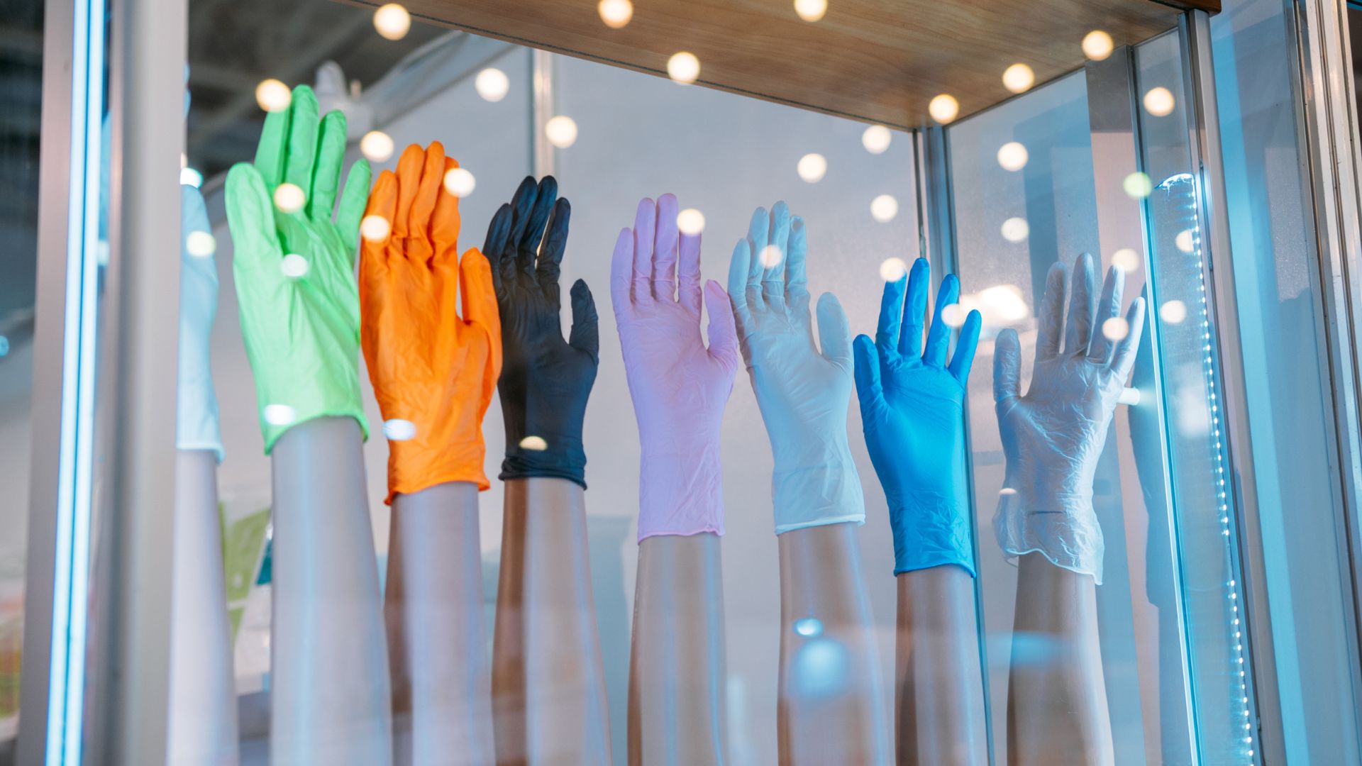HPPES - display case shows colorful nitrile gloves - what matters more than flashy sales when evaluating nitrile glove suppliers